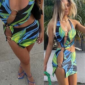 Louisa Ballou Ssense Cut Out Sex Wrap Mini Dress Blue & Yellow/Green Size Small